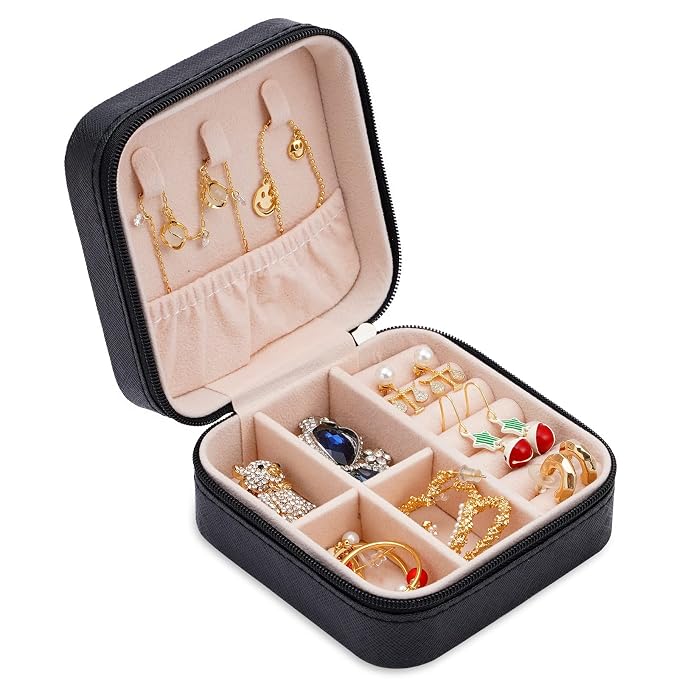 Neveika Portable Travel Mini Jewelry Box Leather Jewellery Ring Organizer Case Storage Gift Box Girls Women (black). - Image 7