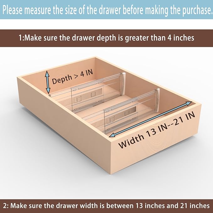 8 Pack Adjustable Drawer Dividers for Clothes,4" High Clear Expandable From 13-21" Drawer Organizers, PC Plastic Separators for Dresser/Bedroom/Bathroom/Kitchen/Office Storage,Easy to Assemble - Image 2