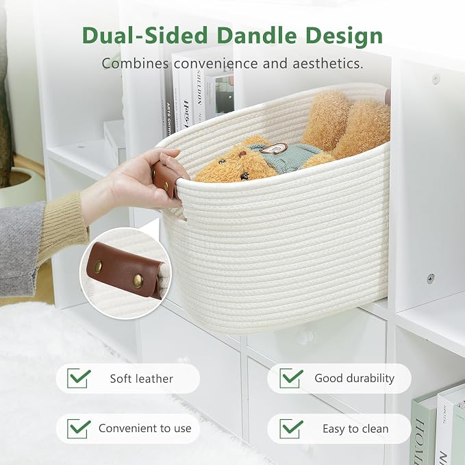 ECDYQXVU Cotton Rope Basket, Storage Baskets with Handle, 15x10x9 Inch Woven Basket for Shelves, Laundry, Towels, Clothes, Books (White 2Pack) - Image 4