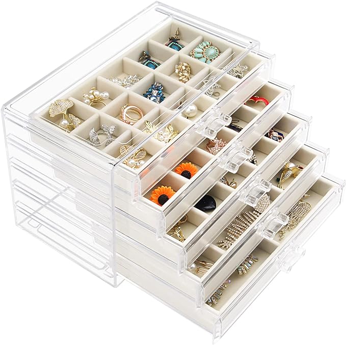 Watpot Acrylic Jewelry Box with 5 Drawers, Clear Earring Storage Organizer Display Case for Women Girls, Beige by Watpot