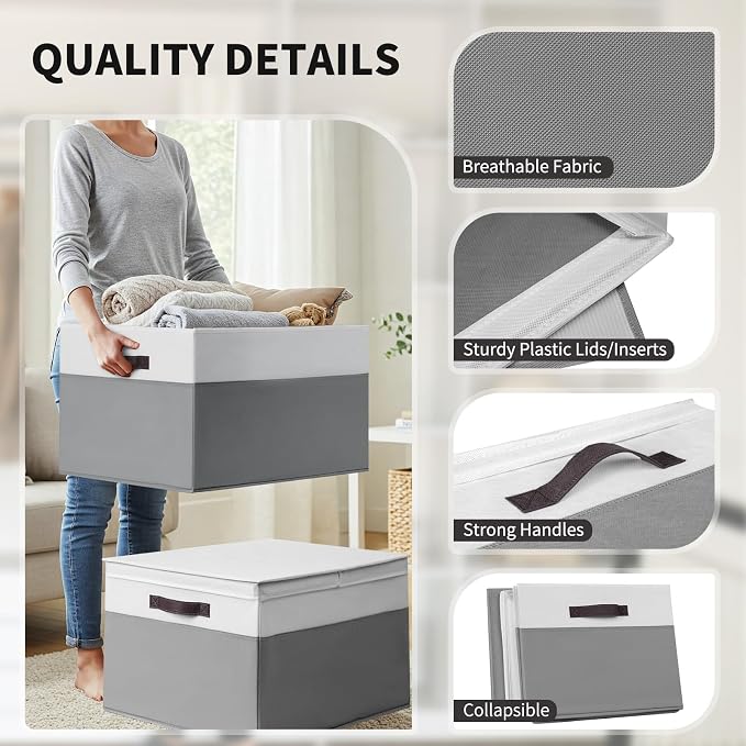 2 Pack EXTRA LARGE Blanket Storage Baskets with Lids, 22”x16”x12” Closet Organizers Bins for Clothes Towel/ Storage Box with Lid Handles/ Stackable Decorative Fabric Bins for Living Room, Nursery - Image 6