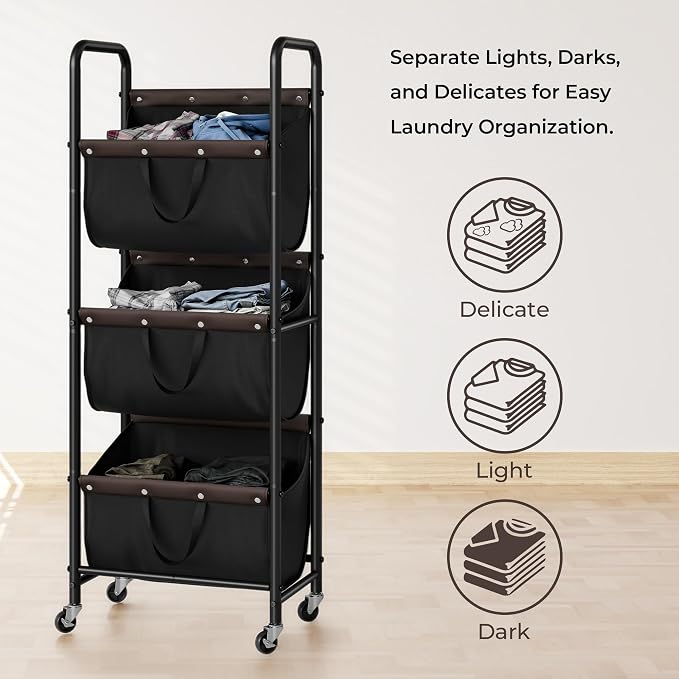 GRANNY SAYS 3 Tier Laundry Sorter, Laundry Basket with Wheels, Laundry Room Organization and Storage, 3 Section Rolling Laundry Cart for Dorm, Bathroom, Bedroom, Closet, Black - Image 7