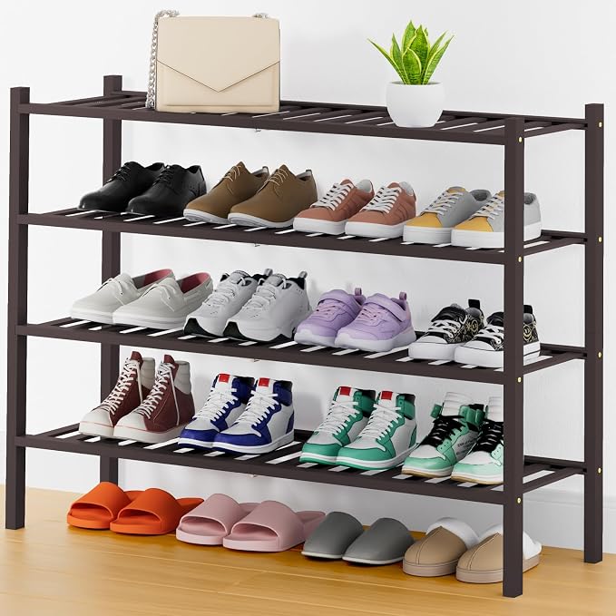Smiry Shoe Rack, 4 Tier Thick Long Bamboo Shoe Organizer, Stackable Free Standing Wooden Shoe Storage Shelf for Closet, Entryway, Front Door Entrance, Brown by Smiry