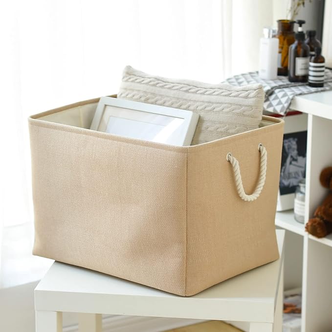 TheWarmHome Storage Bin for Shevles - Extra Jumbo 3Pack 20.5L×15.7W×13.8H inch Organization and Storage Basket for Organizing, Fabric Storage Cubes for Closet Shoe Linen Decorative (Beige) - Image 4