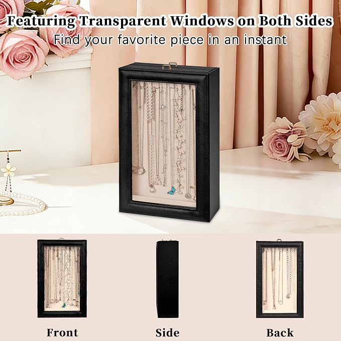 Necklace Organizer Box - 2-Layer Double-Sided Clear Lid Jewelry Storage Case, Anti-Tangle Necklaces Display Holder for Pendants Bracelets, Jewelry Organizer for Women Girls (Black) - Image 2