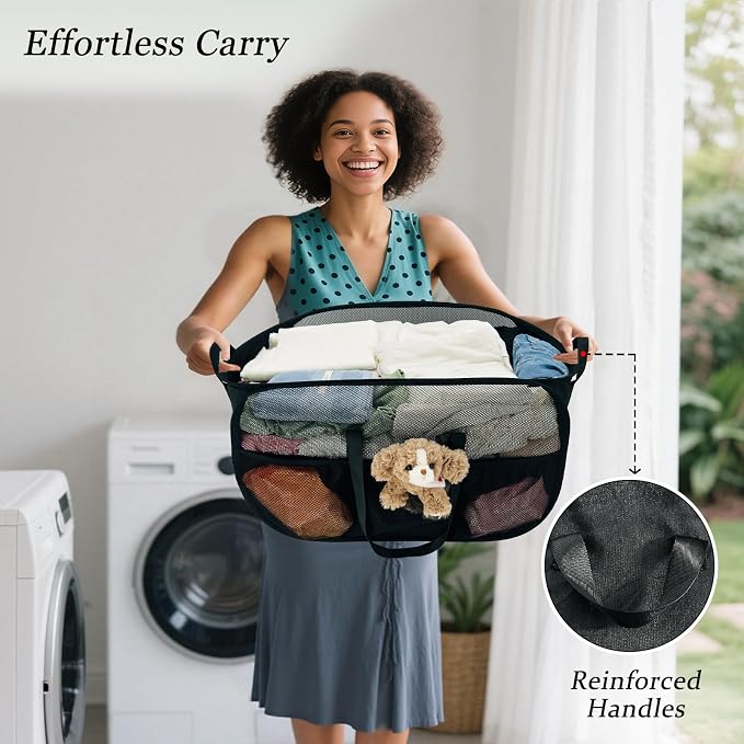 Upgraded Cationic XL Collapsible Laundry Baskets, 100L Extra Large Mesh Pop Up Hamper with Handles and bag, Portable Stair Basket, Dirty Clothes Hamper for Cruise Travel Bedroom. Black - Image 5
