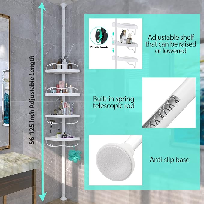 Shower Caddy Tension Pole with 4 ABS Baskets,Shower Storage Shelf with 56 to 125 Inch Adjustable Stainless Pole for Bathroom White - Image 6