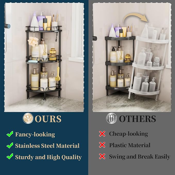 Consumest Corner Shower Caddy Stand - 3 Tier Shower Organizer with Soap Holder, Tall Floor Corner Shelves Standing with Adjustable Feet & 4 Hooks, Storage Rack for Bathroom Black - Image 3