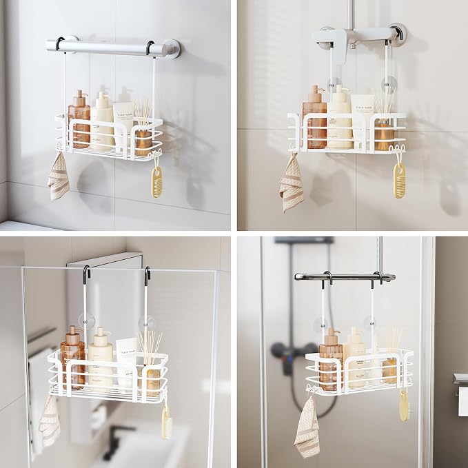 SWTYMIKI Shower Caddy Hanging Organizer - Over the Door Shower Caddy with 6 Hooks, 2 Installation Ways, Stainless Steel Rustproof Bathroom Organizer, White - Image 2