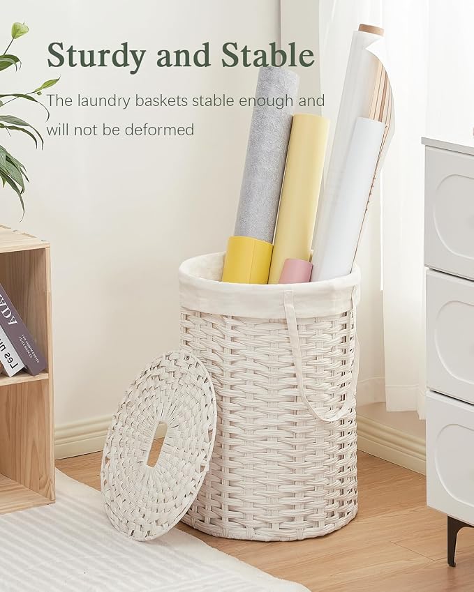 SETVSON Laundry Hamper with Lid Laundry Basket with Lid 19.0 Gal (72 L) Round Wicker Laundry Basket Handwoven Rattan Basket with Lid Removable Bag 2 Mesh Bags Handles for Living Room Bathroom White - Image 6