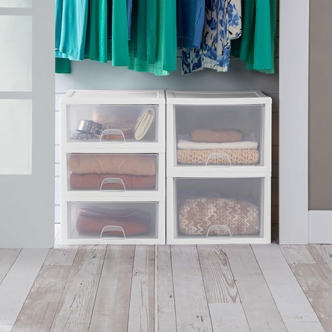 Sterilite 12-Pack 27 Quart Stacking Drawer, Clear Storage Closet Organizer, White Frame - Stackable Modular Plastic Drawers for Clothes, Accessories, Craft Supplies, Shoes or Linens - Image 6