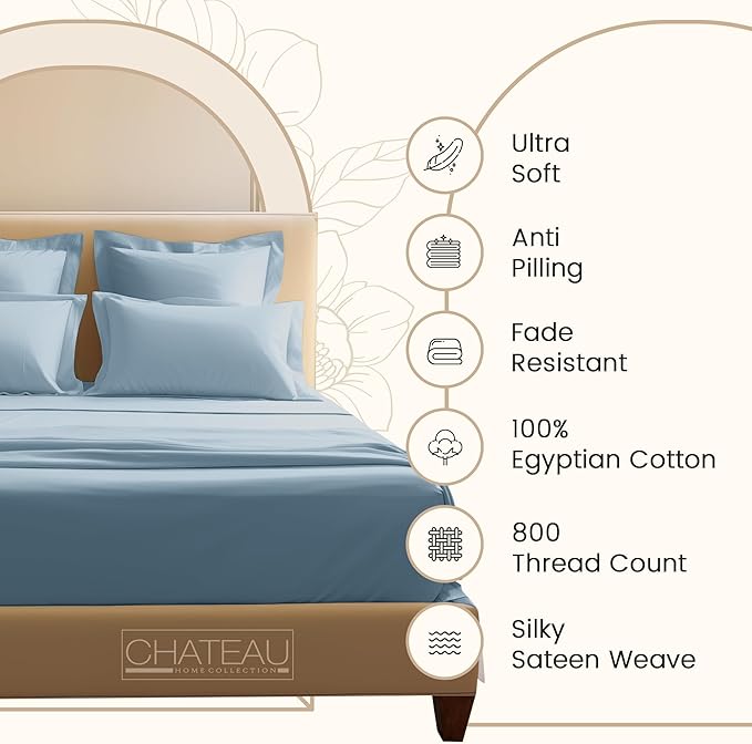 100% Egyptian Cotton Sheets For King Size Bed, 800 Thread Count Sateen Weave, 15" Deep Pocket King Sheet Set, Sheet & Pillowcase Sets, No Pill, Soft & Comfy Naturally Cool & Breathable - French Blue