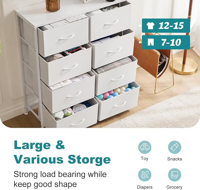 OLIXIS 8 Drawer Storage Dresser with Wood Top - Wide Fabric Chest Organizer for Bedroom, Closet, Living Room,Tower Cabinet, TV Stand, Hallway Entryway Furniture,White - Image 4