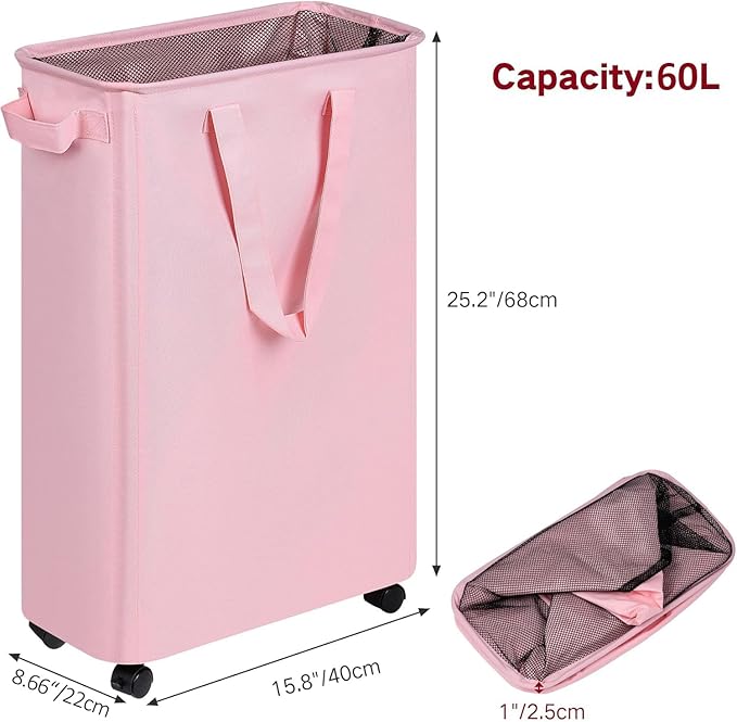 efluky Slim Laundry Hamper with Wheels, Rolling Laundry Basket for Clothes, Small Laundry Basket for Bedroom, Dorm and Laundry Room, 60L (12.7 Gallons) Pink - Image 3