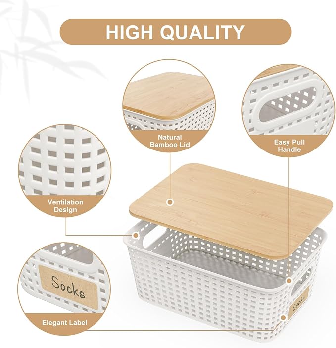 6Pcs Storage Bins with Lids, Stackable Plastic Storage Basket with Bamboo Lid, Pantry Organizer Box Small Containers for Organizing Shelves Drawer Desktop Closet Cabinet Office Classroom 10x7.1x4.1in - Image 3