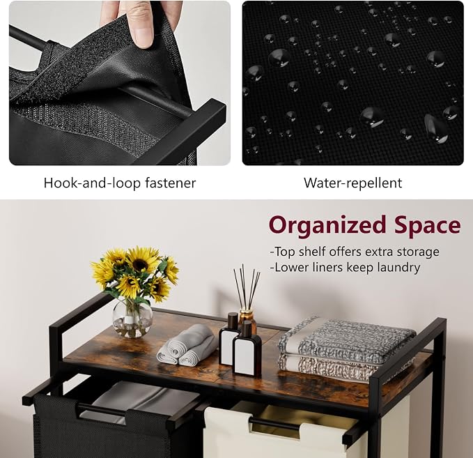 Huhote Double Compartment Laundry Basket, Laundry Sorter with Top Shelf, 2 Removable Washable Bags, Side Pockets, Black & White - Image 5