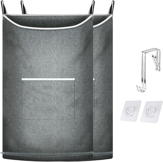 XL Large Hanging Laundry Hamper, Over the Door Laundry Bag with Zipper and Wide Open Top,Hanging Hamper for Storage Laundry, Clothes, Toys,36x 22 Inch, Heather Grey 2Pack. by MakeLifeSimpleandEfficient
