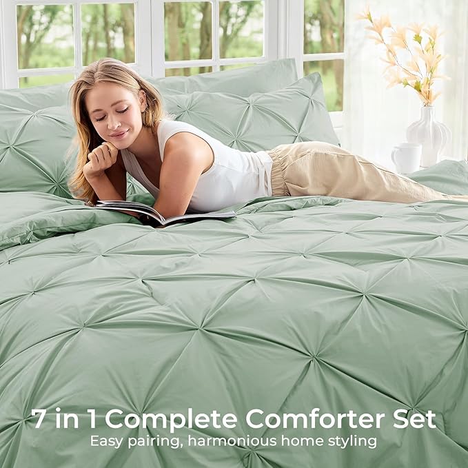 Sasttie King Size Comforter Set, 7-Piece Bed in a Bag, Pintuck Bedding Sets for All Season, Includes Comforter, Flat Sheet, Fitted Sheet, Pillowcases and Pillowshams, Light Sage Green