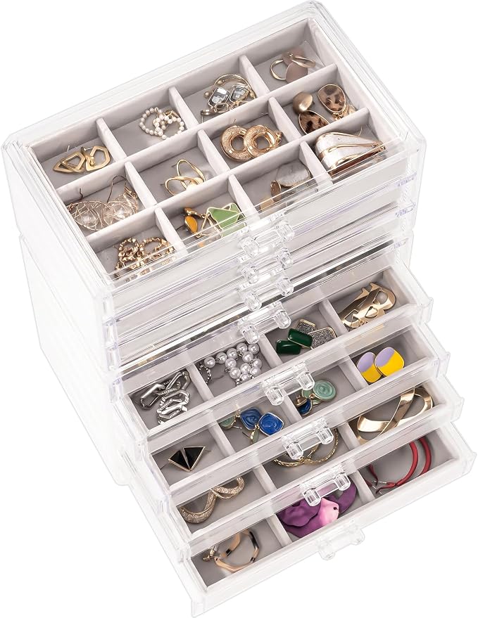 ProCase Earring Holder Organizer Jewelry Box with 8 Drawers, Acrylic Clear Earring Case with Adjustable Velvet Trays for Women - Grey, 8 Layers by ProCase