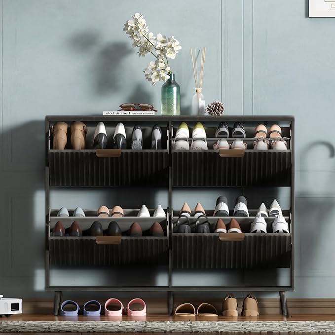 Shoe Cabinet Storage,Modern Freestanding Organizer with 4 Flip Drawers,Narrow Shoe Rack Cabinet for Entryway,Black by QIVOMIX