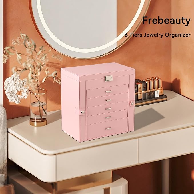 Frebeauty Large Jewelry Box,6-Tier PU Leather Jewelry Organizer,Multi-functional Storage Case with Mirror,Accessories Holder with 5 Drawers for Necklace Bracelets Watches(Pink) - Image 2