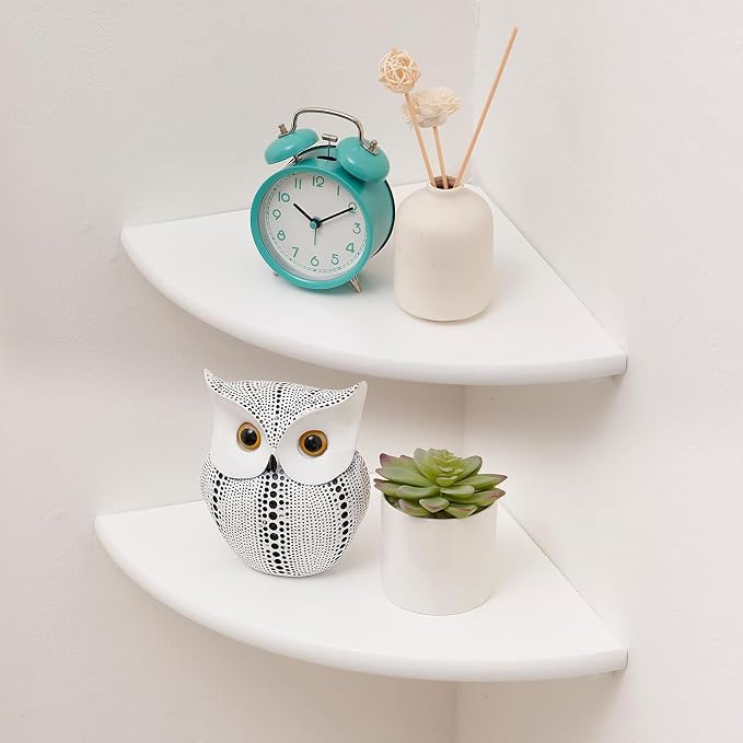 Corner Shelves, Floating Corner Shelf, Set of 2 White Solid Oak Wood Wall Shelves, Round End Wall Mount with Wire Hole Shelving for Small Plant for Bedroom Kitchen, Living Room 8.7" by Coamily