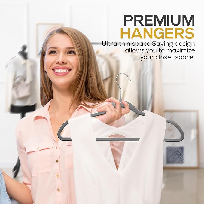 Techzoo Premium Velvet Hangers 50 Pack Ultra Thin Non Slip Adult Felt Space Saving Slim Suit Hanger for Closet Heavy Duty Coat Pants Jackets Dress Hangers 360° Swivel Hook Hold Upto 10 lbs Gray - Image 5