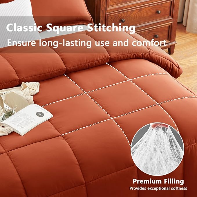 CozyLux King Size Comforter Sets - Terracotta Comforter King Size, 3 Pieces Burnt Orange Box Stitched Bed Set for All Seasons, Soft Bedding Sets with 1 Down Alternative Comforter and 2 Pillow Shams