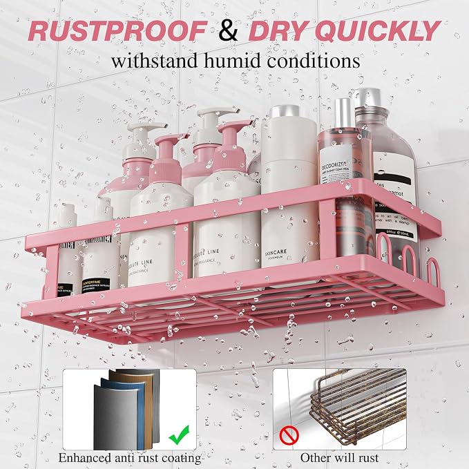 Youvip Shower Caddy Adhesive,No Drill Bathroom Organizer,Large Capacity Rustproof Shelves for Inside Shower,Bathroom Organizers and Storage,Pink - Image 3