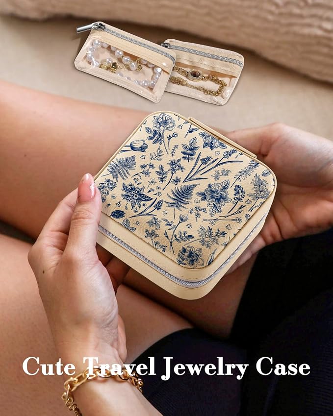 Bistup Travel Jewelry Case - Small Jewelry Organizers and Storage Box for Women Girls Teens Cute Traveling Jewelry Holder with Mirror Little Tiny Compact Modern Unique Aesthetic Pretty, Blue Floral - Image 3