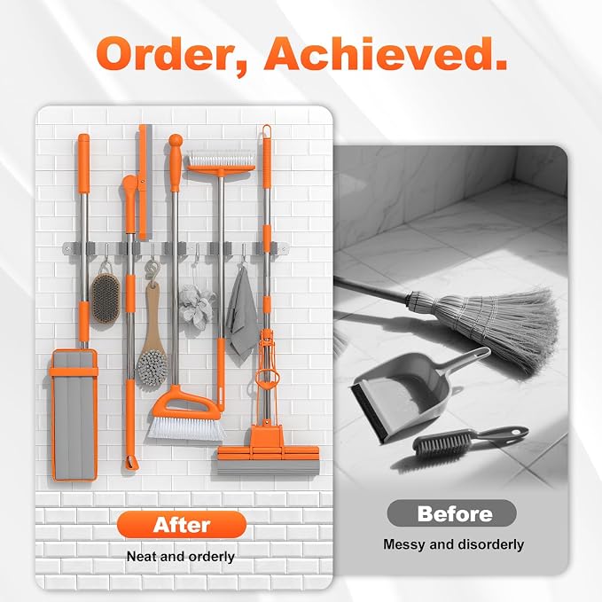 Broom Holder Wall Mount, Mop and Broom Organizer Broom Hanger Storage Tool Utility Racks Stainless Steel Wall Hooks Solid Mop Rack for Home Kitchen Garden Laundry Garage (5 Racks 4 Hooks) - Image 6