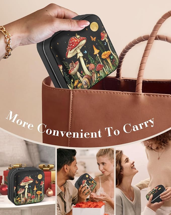 Bistup Travel Jewelry Case - Small Jewelry Organizers and Storage Box for Women Girls Teens Cute Traveling Jewelry Holder with Mirror Little Tiny Compact Modern Unique Aesthetic Pretty, Mushroom - Image 6