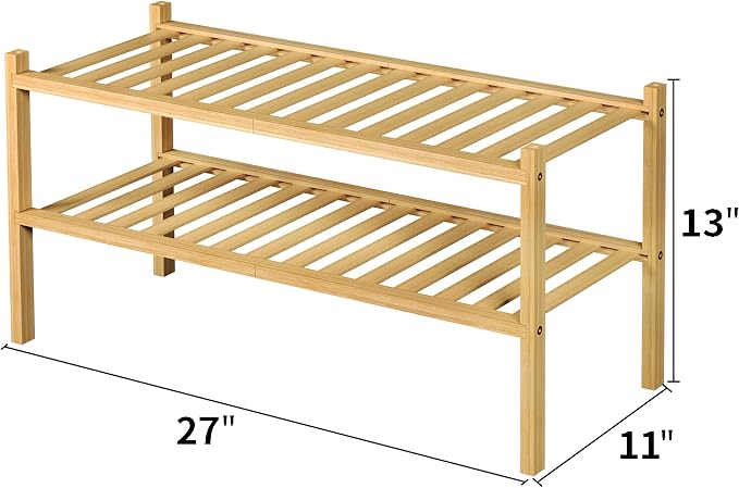 ROMGUAR CRAFT 2 Tier Bamboo Shoe Rack for Closet Free Standing Wood Shoe Shelf for Entryway Small Space Stackable 27"x11"x13" (Natural) - Image 3