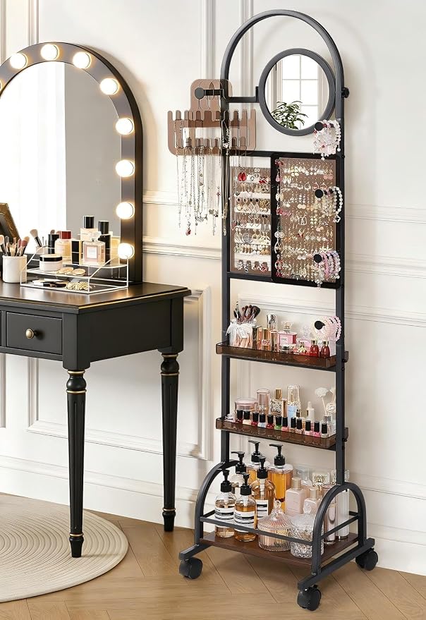 Mirror Jewelry Cabinet Standing, Jewelry Organizer and Storage with Jewelry Mirror, Jewelry Armoire with Earring Organizer Necklace Holder Bracelet Display, Large Tall Stand Up Jewelry Box Stand Tree by SOLIMINTR