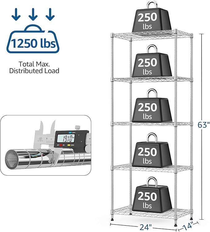 M MZG 1250 lbs 5 Tier Shelf Metal Storage Shelves Wire Rack Closet Organizers with Wheel for Garage Kitchen Bathroom Laundry Chrome 13.7" D x 23.6" W x 62.4" H - Image 3