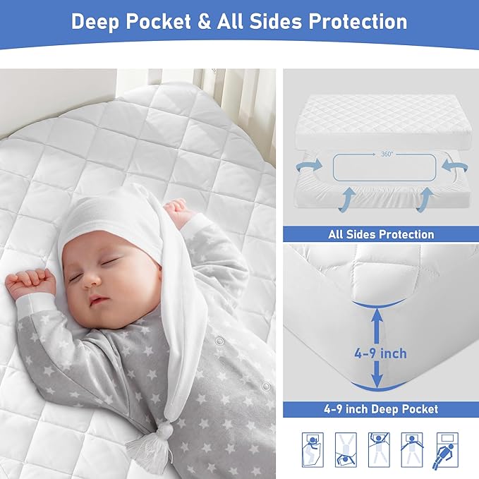 GRT 1 Pack Waterproof Crib Mattress Protector, Quilted Baby Mattress Cover Fitted Deep Pocket from 4" up to 9", Extra Soft Breathable & Noiseless Toddler Mattress Pad 52"x28", White