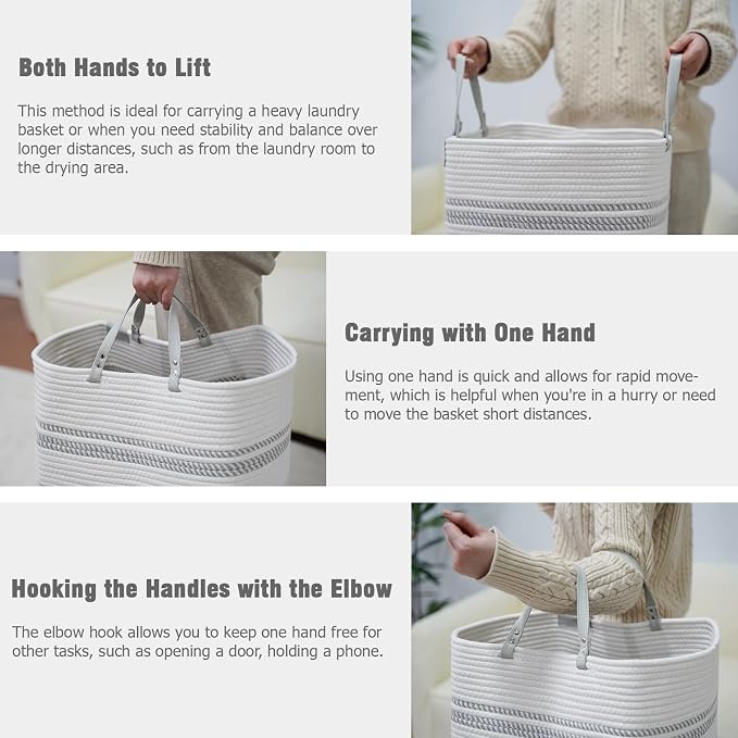 danpinera 75L Woven Laundry Hamper with Long Leather Handles, Baby Laundry Basket for Nursery, Tall Hampers for Bedroom Aesthetic, Decorative Clothes Storage Basket for Family White & Gray - Image 7