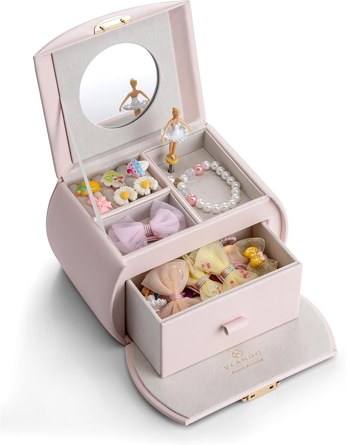Vlando Musical Jewelry Box with Spinning Ballerina, Lockable Girls’ Jewelry Organizer for Necklaces Rings and Hair Accessories, Gift for Girls and Kids, Barely Pink - Image 3