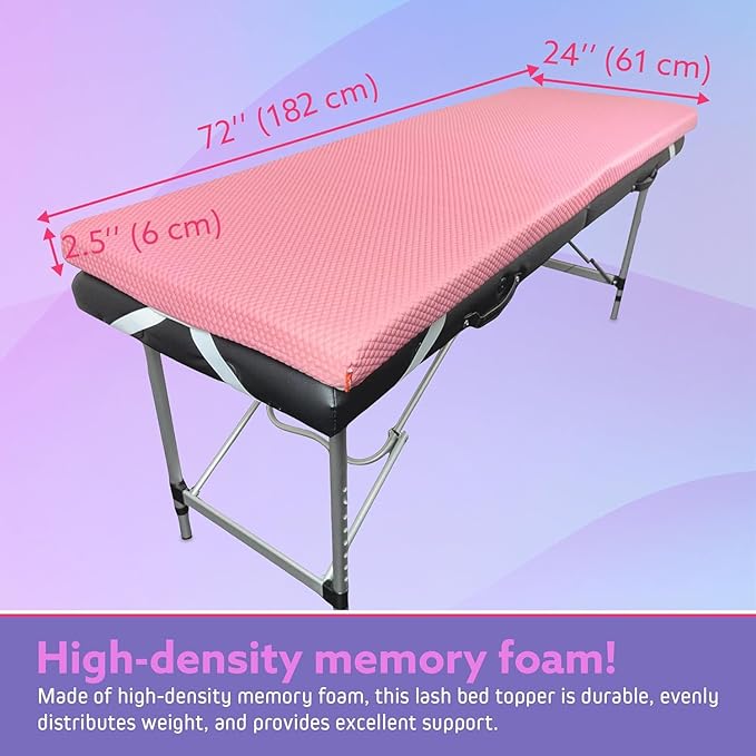 Lash Bed Foam Topper – 2.5 Inch Thick Memory Foam Massage Table Pad with Corner Straps & Anti-Slip Base, Comfortable Spa or Facial Bed Topper for Lash Extensions & Salon Use – Pink