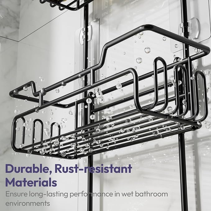 SWTYMIKI Bathroom Shower Caddy Hanging - 3 Tier Rustproof Over Shower Head Organizer, No Drilling Bathroom Shelf with 16 Hooks & Soap Holder, Anti-Swing Rack for Shampoo,Sponge,Towel, Black, Medium - Image 6