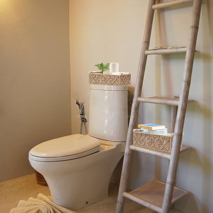 Macrame Storage Basket Boho Decor Baskets for Organizing Woven Decorative Basket for Countertop Toilet Paper Basket for Toilet Tank Top Shelf Basket with Handle for Bathroom Decor Nursery (Set of 2) - Image 4