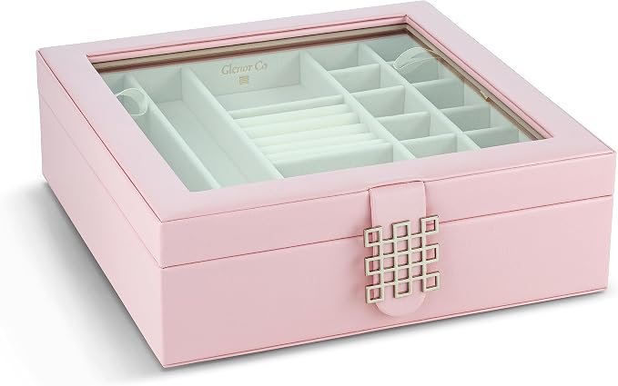 Glenor Co 28 Section Jewelry Box - 2 Layer & Buckle Magnet Closure - Large Glass Top - Leather Design - Soft Pink - Jewelry Organizer for Women & Girls - for Earring Ring Necklace & Bracelet - Image 3