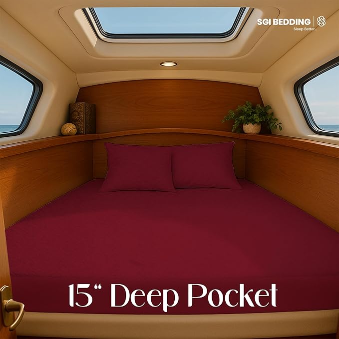 SGI Bedding Waterproof After V Berth Mattress Protector 90" Head x 60" Length x 75" Foot – 15" Deep Pocket, 360° Fitted Style Mattress Pad Cover, Soft Noiseless & Breathable Cover for Boat – Burgundy