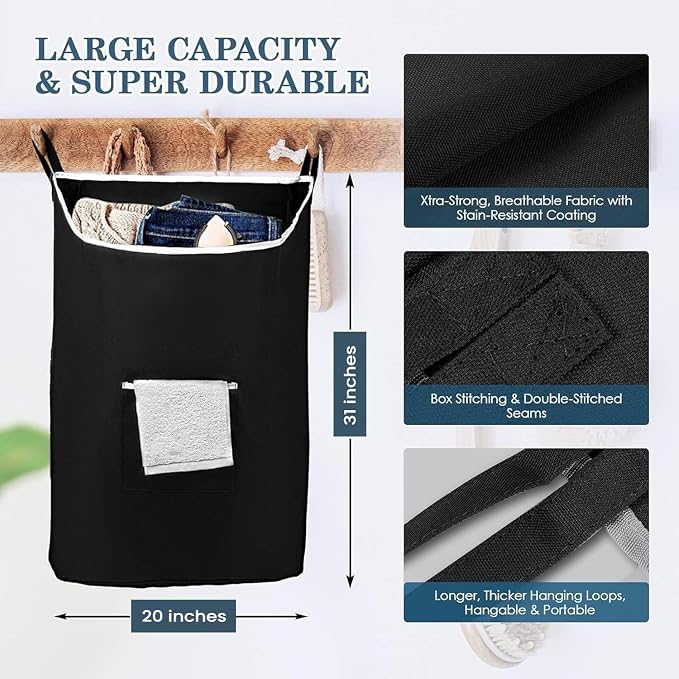 The Fine Living Co. X-Large Hanging Laundry Hamper with Over Door Hooks & Adhesive,Durable Space Saving Laundry Bag with Zipper and Wide Open Top,Hanging Dorm Laundry Hamper 20"x3.75"x31" (Black-XL) - Image 2