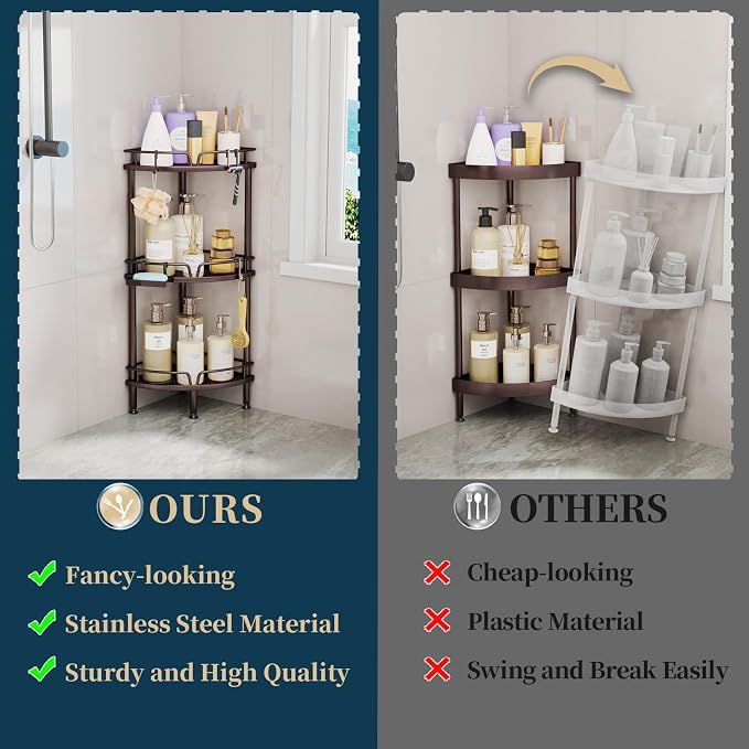 Consumest Corner Shower Caddy Stand - 3 Tier Shower Organizer with Soap Holder, Tall Floor Corner Shelves Standing with Adjustable Feet & 4 Hooks, Storage Rack for Bathroom, Bronze - Image 2