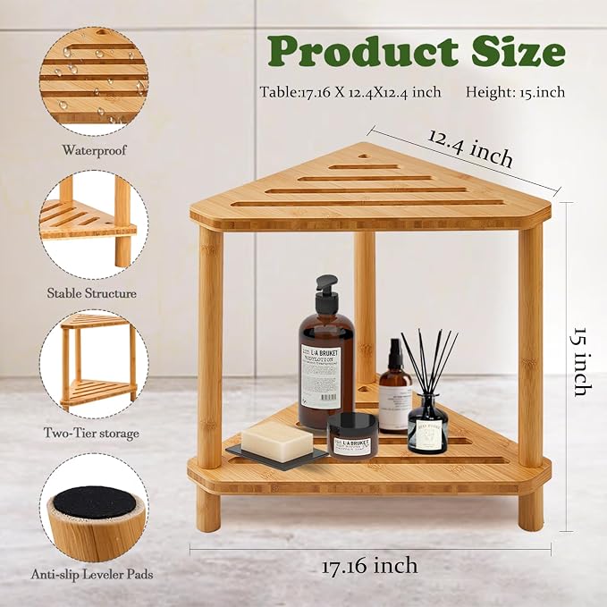 Bamboo Corner Shower Stool,2-Tier Waterproof Shower Stool for Inside Shower Shaving Leg,Small Spaces,Shower Foot Rest with Storage Shelf,Shower Bench,Bath Seat,Corner Nightstand gift for women mom - Image 3