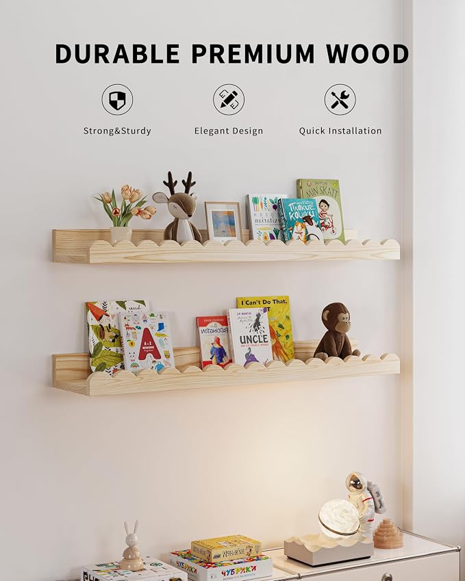 Shario Nursery Book Shelves, 4-Pack Wood Floating Shelves for Wall Kids, Scalloped Shelves, Wall Book Shelves for Bedroom Kids, Toddler Room, Baby Room, Nursery Decor (Wood, 23 Inches) - Image 3