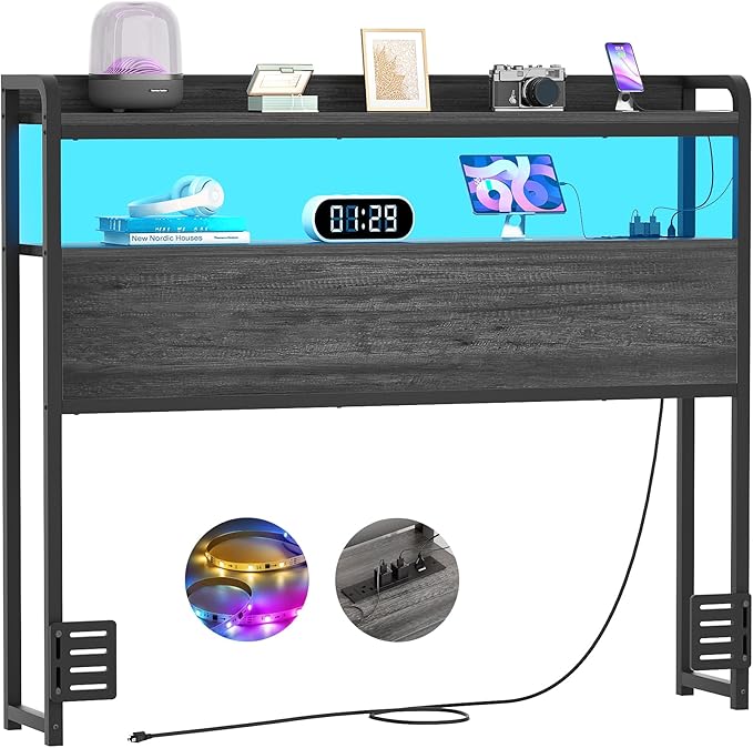 Aheaplus Headboard for Twin Size Bed Frame, Headboards with Outlets, USB Ports and LED Light, Head Board with Storage, Height Adjustable, Sturdy and Stable Headboard, Twin Size, Black Oak