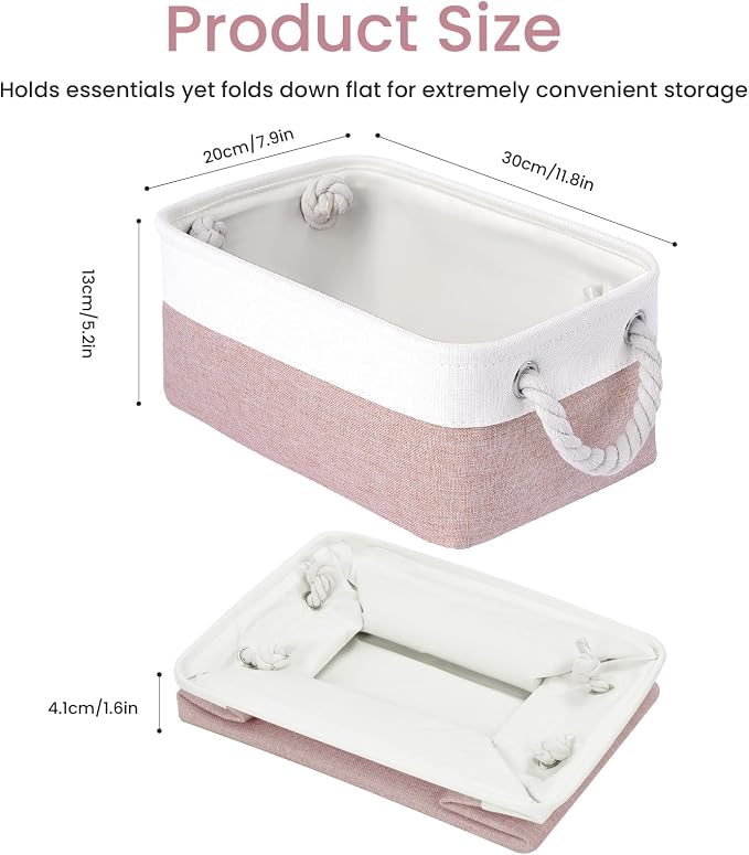 Storage Baskets for Shelves 11.8x7.9x5.2 Inch, Foldable Fabric Storage Bins with Handles, Small Storage Baskets for Organizing Closet, Office, Home Organization (3-Pack, White&Pink) - Image 4