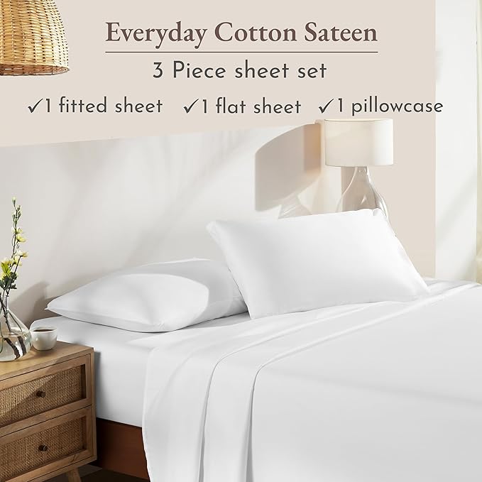 California Design Den Twin Sheets Set - Natural 100% Cotton Sheets with 12" Pockets, Soft Sateen Weave, Breathable and Durable Bedding Set for Dorm Rooms, College (White)